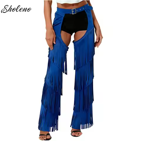 Womens Cow Spot Flannel Pants Halloween Cowboy Chaps Cosplay Costume Tassel Open Crotch Western Cowg