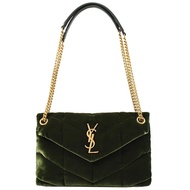 YSL 577476 RUFFER 品牌LOGO絎縫翻蓋肩斜背鍊包.深綠