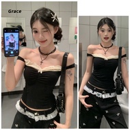 [Grace] (Ready Stock) Sexy One-Shoulder Lace Vest Women Summer New Style Slimmer Look Sleeveless Top