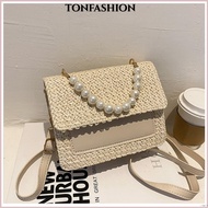 TONFASHION Straw Beaded Messenger Bag, Pearl Metal Ladies Handbag, High Quality Weave Straw Small Square Bag Women