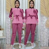 Setelan Pakaian Wanita Set Lolita Baju Busui Variasi Kantong dan tali Menempel Celana Slim Fit Murah Kekinian Set Mona Kotak Allsize Bahan Voxy