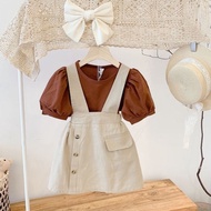 Girls summer new suit net red female baby Korean version puff sleeve T-shirt suspender skirt short s