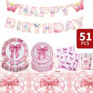 Sweet Pink Bow Happy Birthday Disposable Plate, Napkin, Cup, Tablecloth And Banner Set, Party Suppli