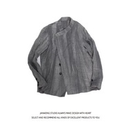 亞麻襯衫男水洗皺不規則設計復古交叉領老廚休閑風襯衣