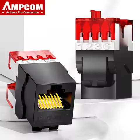 AMPCOM CAT6 RJ45 Keystone Jack UTP Cable 180 Degree 50U Gold Plated Unshielded Punch Down Network Mo