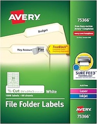 Avery TrueBlock File Folder Labels, Sure Feed Technology, Permanent Adhesive, White, 2/3" x 3-7/16",
