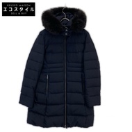 Nano Universe 海軍藍 Nishikawa 狐狸毛斜紋長版羽絨外套 38 碼 [二手]