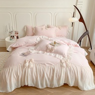 【Super low price】Korean Style Princess Lace Bow Bedding Set Pink Sweet Girl Chiffon Ruffles Duvet Co