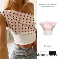 Sexy Retro Polka Dot T-Shirt One Shoulder Open Navel Waist Retraction Women's Top ST