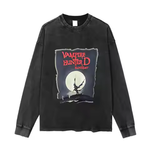 Vampire Hunter D Bloodlust Art Washed Cotton Vintage Solid O Collared Long Sleeve T Shirt For Men & 