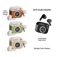 Retro Camera Leather bluetooth earphones In-Ear earbud With Digital Display and Low Latency Gaming