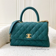 (Pre-loved) Chanel Small 24cm Coco Handle Flap in Teal Green Caviar AGHW