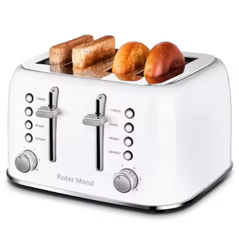 4-Slice Retro Toaster in Stainless Steel with Extra Wide Slots for Bagels Defrost and Reheat Functio
