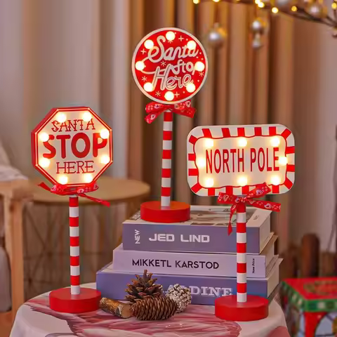 Christmas Retro Lamp LED Light Santa Stop Here Street Sign Xmas Wooden Desktop Home Decoration Navid