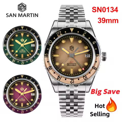 San Martin SN0134 Mechanical Watch NH34 GMT Automatic Movement Men's Retro Watch 40mm Bidirectional 