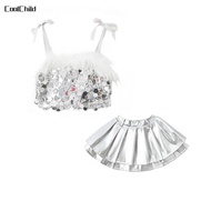 New store opening 50% discount for only three daysK-pop Girl Sequin Crop Top Silver Silhouette Skirt