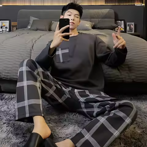 spring Autumn Stripe Long Sleeve Nightwear Pijama Leisure loose young Boys Sleepwear Men's Pajamas S