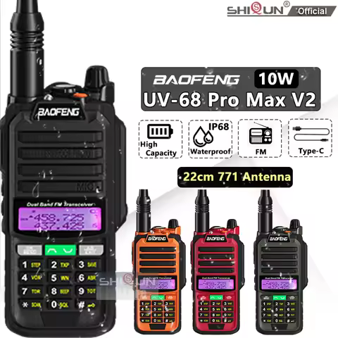 Baofeng UV-68 Pro Max V2 Walkie Talkie IP67 Waterproof 10W High Power UV-68 Type C Charger Two Way R