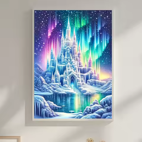 5D DIY Diamond Painting Kit Aurora Castle Landscape Round Diamond Mosaic Embroidery Cross Stitch Hom