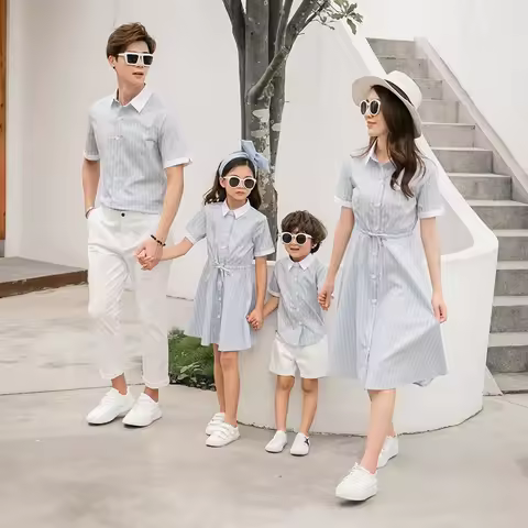 2025 Family Matching Tee Shirts for Dad Mother Daughter Shirt Dresses Striped Blouse Mommy and Me Cl
