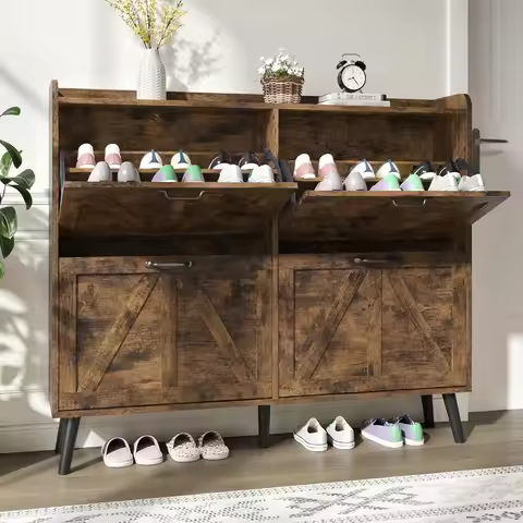 Freestanding Farmhouse Style Shoe Cabinet with 4 Drawers for Slim Entryway Storage