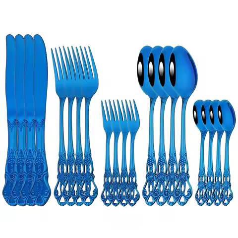 4People Vintage Blue Cutlery Set Stainless Steel Dinnerware Set Knives Cake Fork Coffee Spoon Tablew