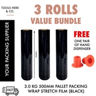 Shrink Wrap x03 Rolls BLACK (FREE Hand Dispenser 01 Pair) 3.0 kg /500mm Width Pallet Packaging Plastic Stretch Film