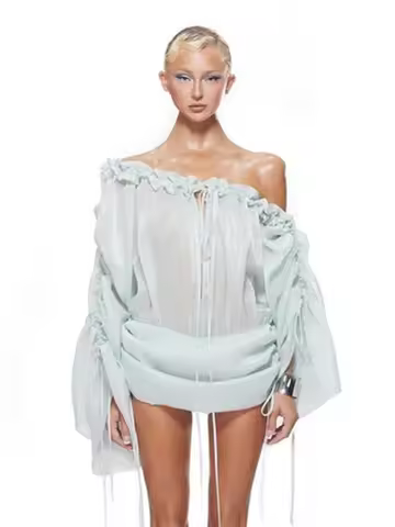 Ibiboss short skirt wooden edge one-shoulder pleated tie lantern long sleeves