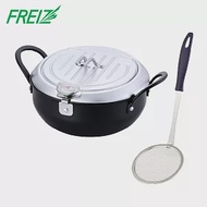 【日本和平金屬FREIZ】日本製24cm鐵製濾油式油炸鍋(附溫度計)附長柄油炸濾網組