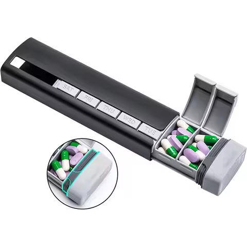 Aluminum Extra Pills Box 7 Day Weekly Pill Organizer Case with 14 Compartments AM PM Large Capacity 