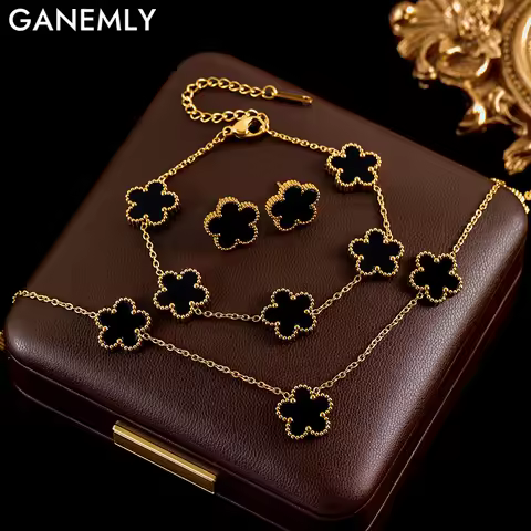 GANEMLY 316L Stainless Steel 4-Color Five Leaf Clover Flower Necklace Bracelet Earrings Set For Wome