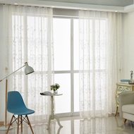 READY STOCK Embroidery Big Flower Design White Tulle Graceful Semi Sheer Curtain for Sliding Door Window Decoration