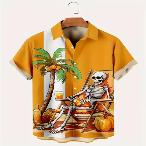 Men's 3D Hawaiian Vacation Skeleton Elements Printed Button-Down Shirt Fashion Trend Casual Comforta