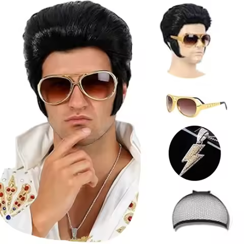 4pcs 50s Rocker Costume Set - Elvis Presley Style Wig with Sunglasses & Necklace - Adult Men's Hallo