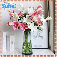 SUHE Lily Flowers, Realistic 3Heads Artificial Flowers, Exquisite Washable PU Simple Fake Flowers