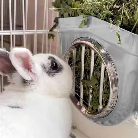Small Animal Hay Feeder Chew-Proof ABS Stainless Steel Grid Alfalfa Rack for Rabbit Bunny Guinea Pig