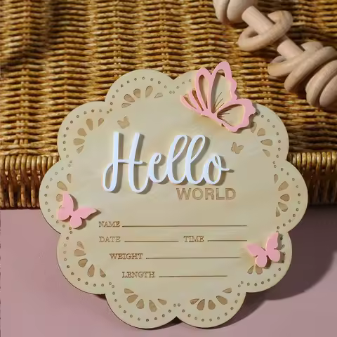 Ylsteed hello world newborn arrival name sign dusty pink butterfly deco baby birth announcement sign