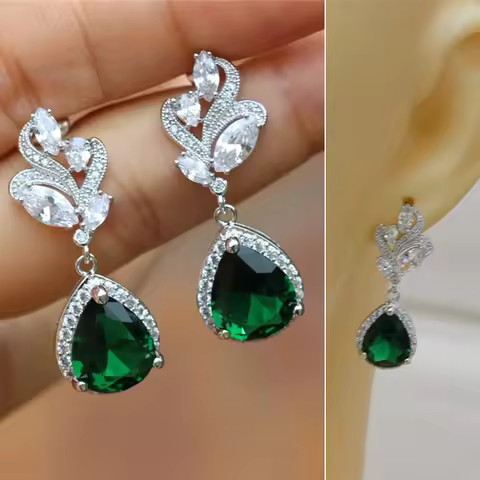 Huitan Aesthetic Green Pear CZ Drop Earrings Women Wedding Engagement Accessories Noble Lady's Earri