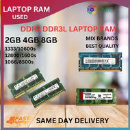 DDR3/PC3/DDR3L/PC3L 1Rx8/2Rx8 2GB/4GB/8GB 1333Mhz/10600s/12800/1600 Laptop Notebook RAM [ USED ]