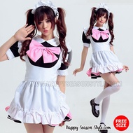 Maid Set Black And White Serving Girl's Outfit Pink Bow Ruffled Hem