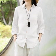 Celmia ZANZEA เสื้อเชิ้ตผ้าฝ้ายวินเทจสำหรับผู้หญิงสไตล์เกาหลีเสื้อแขนยาวติดกระดุมแบบเรียบง่ายหลวม #8