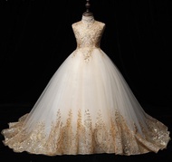 ﹍✉▦  Flower Girl Tutu Long Dress Golden Sequin Lace Girls Prom Gowns Girl Party Dresses Evening Princess Wedding Girl Dresses
