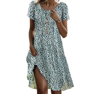 Comfortable Women Dress Women Polyester Dress Women’s Summer Floral Midi Dress Casual Short Sleeve B