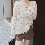 Alisa.sonya เสื้อถักคอวีเลื่อมแฟชั่นฉบับภาษาเกาหลีแฟชั่น