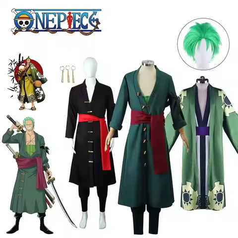 ■◆●Roronoa Zoro Cosplay Anime Figures Costume Uniform Green Coat Pants Head Scarf Roronoa Zoro Wig E