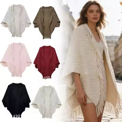 Outfit Accessory Fringe Women's Shawl V-neck Mid-Length Knit Shawl Soft Loose Fit Cardigan Cape Spri