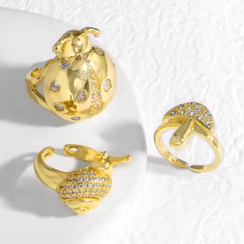 OCESRIO White Crystal Ladybug Snail Statement Women Rings Copper Gold Plated Mushroom Open Ring Wome