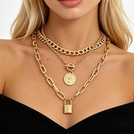 Light Luxury Ladies Necklace Set Embossed Round Plate Pendant Temperament OT Buckle Three-Layer Neck