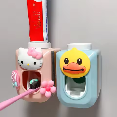 Hello Kitty Cartoon Wall-Mounted Fully Automatic Single Toothpaste Dispenser Set, Toothpaste Squeeze