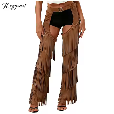 Womens Mens Western Cowboy Cowgirl Chaps Pants Layered Fringe Adjustable Buckles Hollow Out Motorcyc